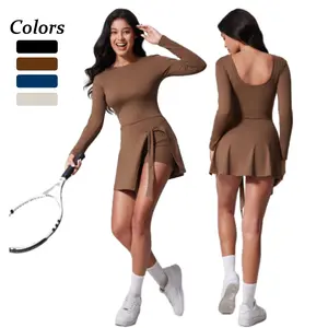 Sporty Women's 2-in-1 Tie Front Split Hem Sports Dress Long Sleeve Skinny Romper for Hiking Tennis Biking Pilates All Seasons Exercise Activewear