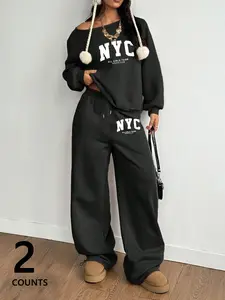 Women's Nyc Graphic Print Long Sleeves Sweatshirt Set with Wide Leg High Waist Fleece Drawstring Pants, Casual Comfortable for Fall Winter, New York Style
