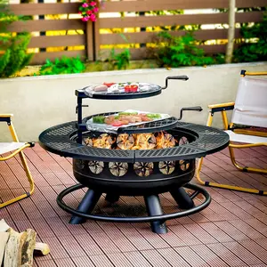 36 Inch Fire Pit with 2 Cooking Grills,Outdoor Wood Burning BBQ Firepit with Lid, 3-in-1 Outdoor Fire Pit for Backyard Deck Bonfire Patio Picnic(Black)
