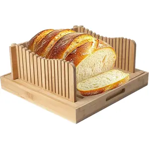 Foldable Bamboo Bread Slicer Tray with Crumb Collector & Adjustable Guide for Perfectly Even Slices of Homemade Sourdough & Sandwich Bread, Knife Not Included