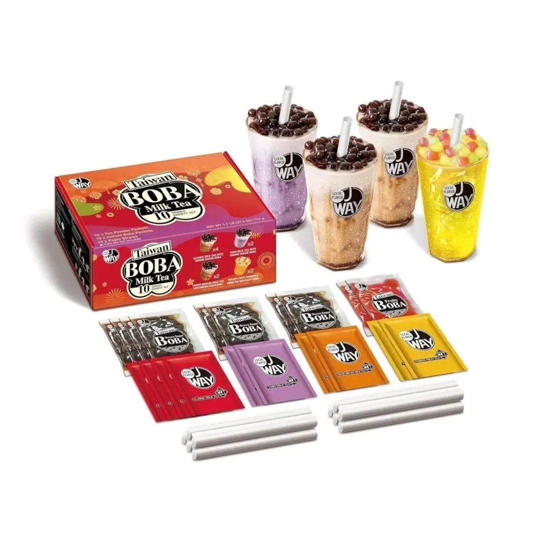 J WAY Instant Passionfruit Brown Sugar Boba Bubble Milk Tea Mix Kit - Gluten-Free, Vegetarian Food, 77.4g x 10 Packs, Tapioca Starch Toppings, Maltodextrin, Pectin, Cupboard-Storable Drink Mix, Boba Tea Toppings