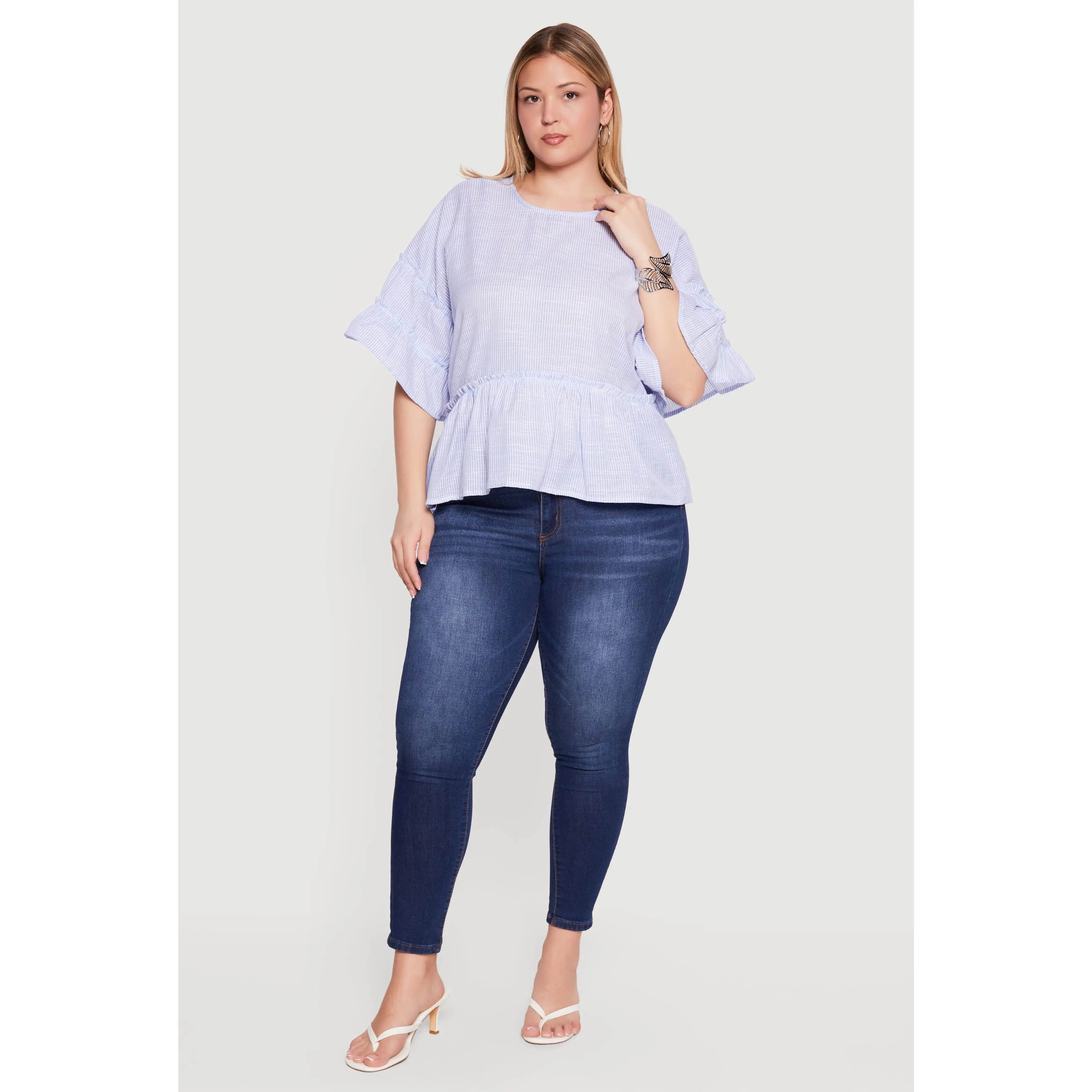 Plus Size Pinstripe Peplum Blouse with Ruffle Tiered Sleeves