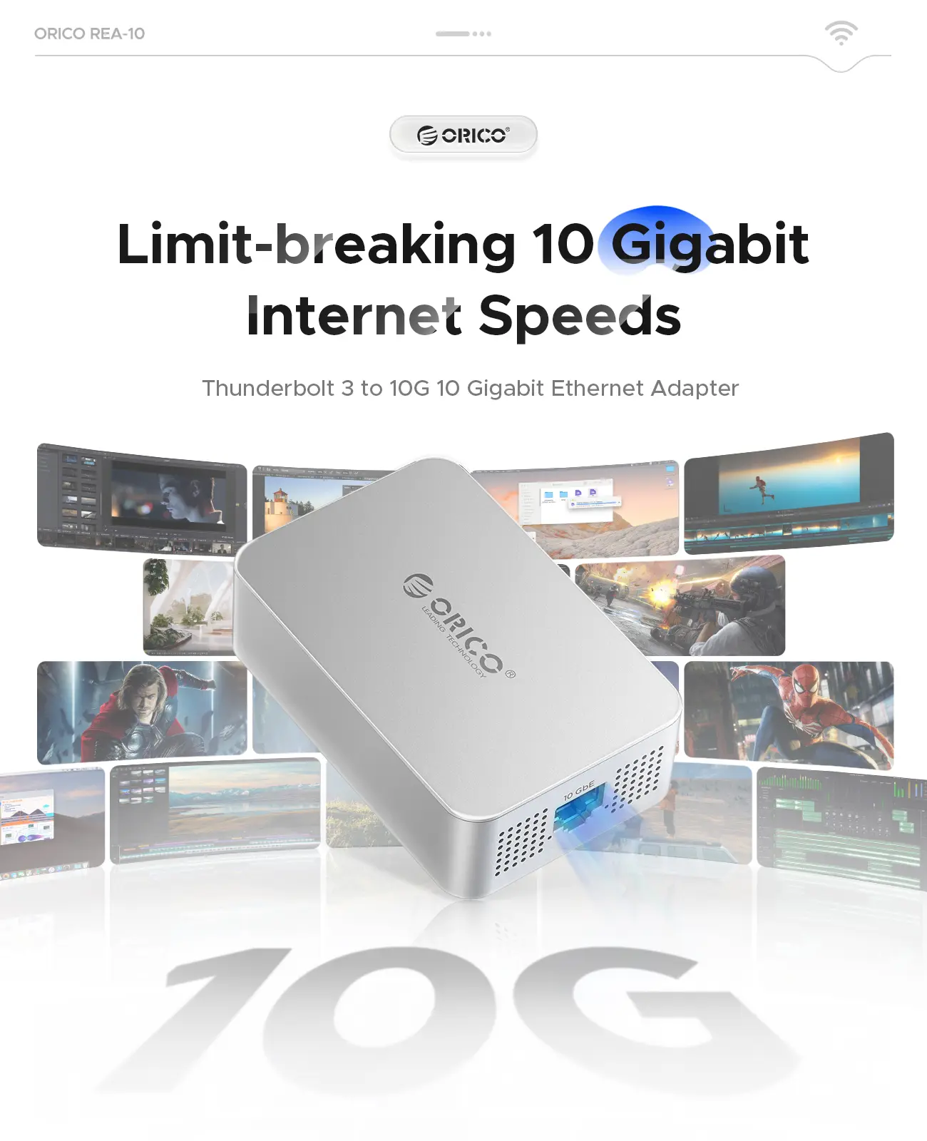 ORICO USB C to 10 Gigabit Ethernet Adapter - Thunderbolt 5/4/3/USB4 Compatible, Multi-Rate Adaptive, Alloy Housing with Cooling Fan, 40Gbps Cable, for Computer, Plug-and-Play Electronics Accessories, REA