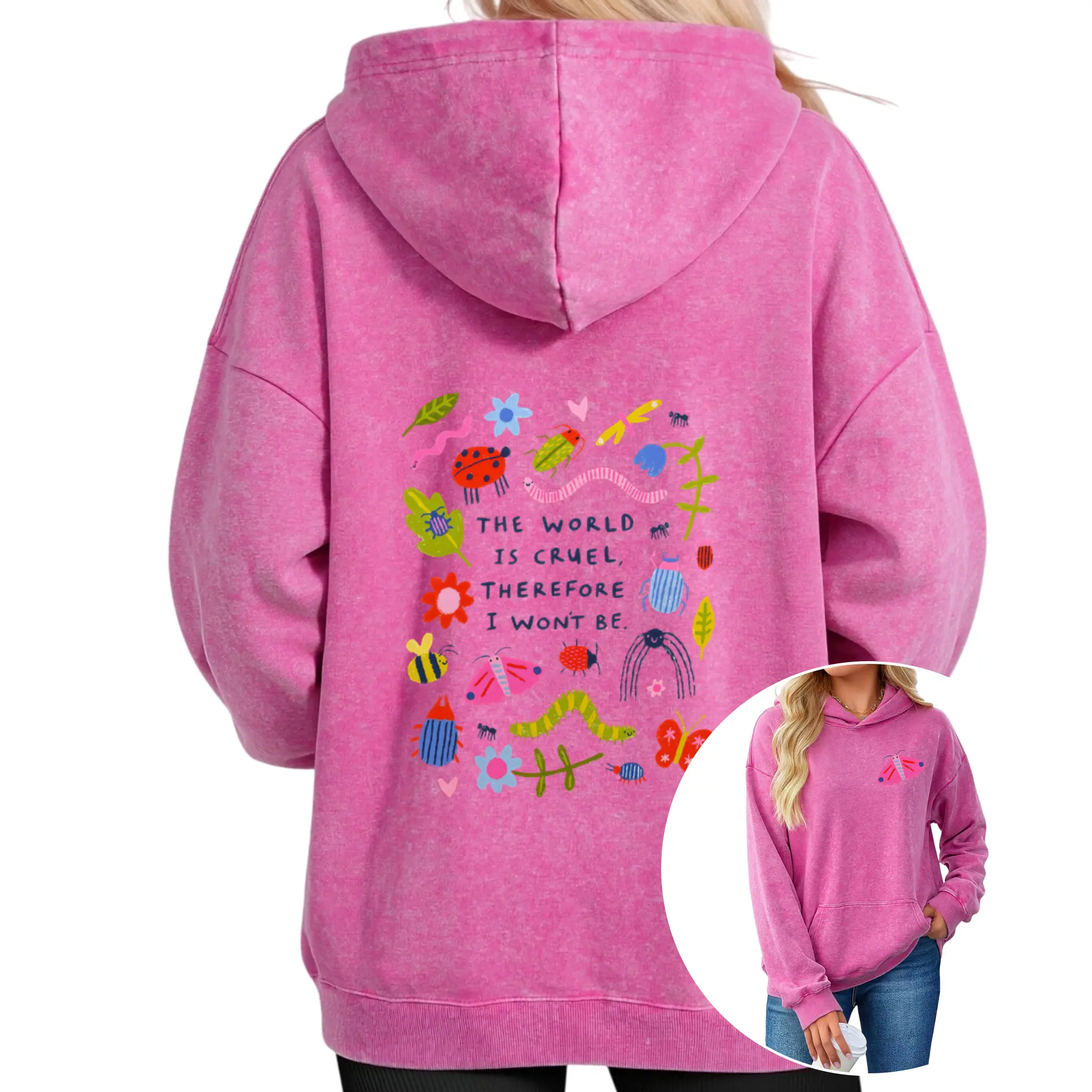 Cute Bug Print Pink Washed Hoodie The World Is Cruel Slogan Autumn VIntage Washed Hoodie Graphic Sweatshirt