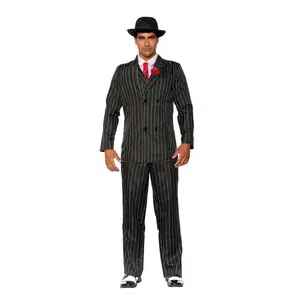 Gangster Men Black Striped Costume - Classic Double-Breasted Suit with Pinstripe, Screen-Printed Tie, Carnation Pin & Hat - Menswear Set for Themed Events