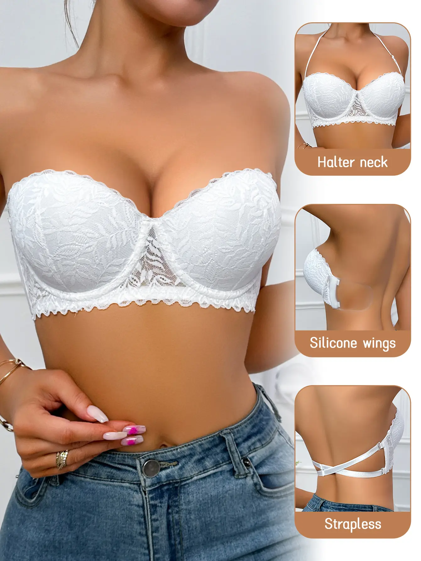 Women's Lace Underwire Push Up Bra, Silicone Wings Side Support, Strapless Backless, Detachable Straps, Anti-Sagging, Anti-Slip Bras, Convertible MultiWay Comfort Everyday Sexy, for Party Dresses, Summer Outfits, , SummerWins, DealsForYouDays, Elegant, Fa