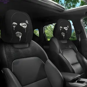 2Pcs Dark Theme Tearful Masked Character Print Car Headrest Covers, Universal-Fit Auto Head Rest Protectors, Easy to Install & Remove, Washable Soft Decor, Car Accessories, Ideal for Daily Commute & Off-Road Travel