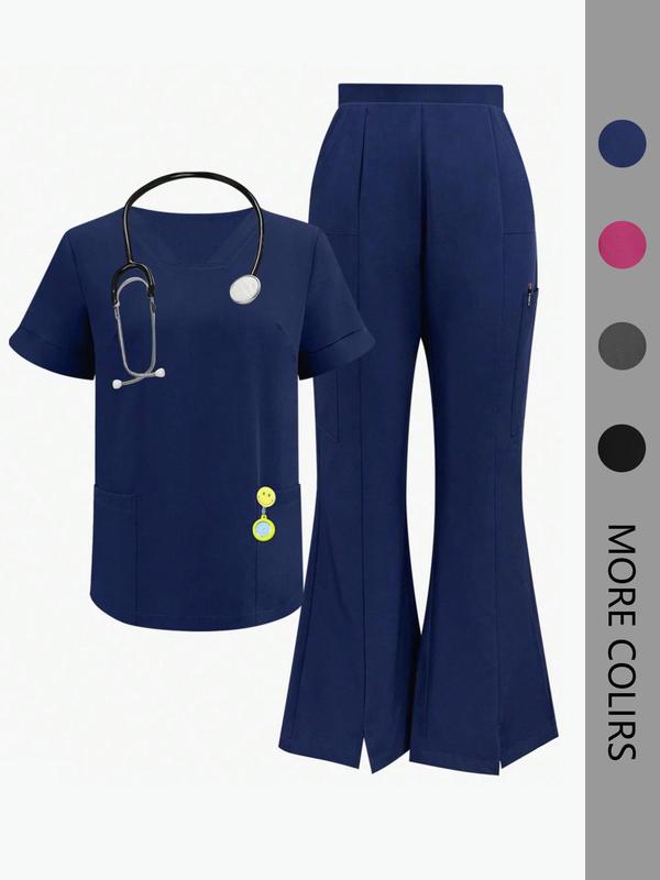 Cimmuovere Women's Solid Color Flare Leg Pants & Top Two-Piece Set, Casual Comfy Breathable Workwear & Uniforms for Women, Women's Uniforms for Summer, Business Attire Clothes