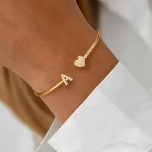 14k Gold Plated Initial Bracelets for Women Gold Non Tarnish Dainty  Heart Initial Bracelet Letter A-Z Personalized Adjustable Bangle Bracelets Name Cuff Bracelet Birthday Gifts for Women Jewelry