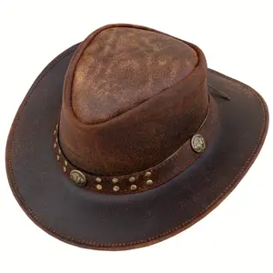 Ring  necklace  watch  scarf Leather Cowboy Hat for Men Women Western Australian Hat with Shapeable Wide Brim, Brown Vintage Style Leather Hat for Unisex Adult with Chin Cord