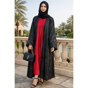 Elegant Black Open-Front Jacquard Abaya with Matching Hijab and red Sleeveless Inner Dress