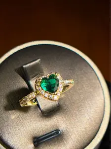 *EMERALD HEART*   Item#00000019 European 14K Gold Plated Halo Three-Prong Setting Heart-Cut Green Cubic Zirconia Adjustable Fashion Ring (Center Stone 1 Carat, Ring Size 6.5 and Up)