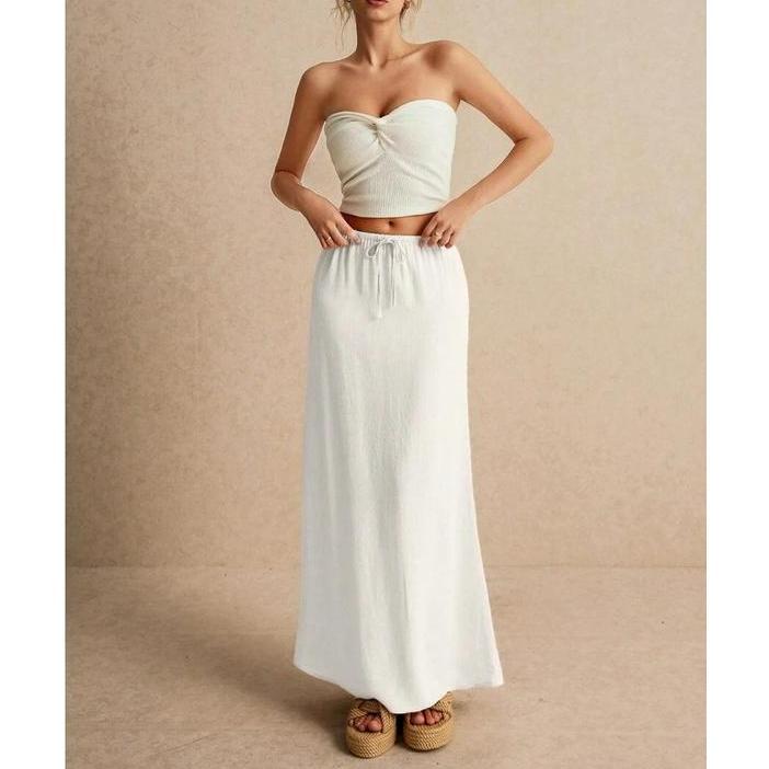 LYD- Women's White Maxi Skirt - Minimalist Drawstring Linen Fabric, Regular Fit, Casual Style, All Seasons Bottoms for Home Wear -LYD sport women leopard