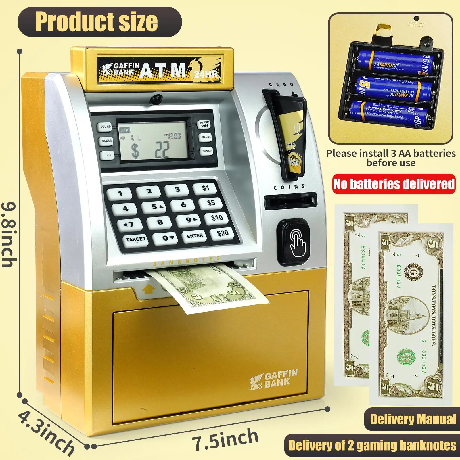Smart ATM Piggy Bank Toy  Featuring Debit Card, Bill Feeder, Coin Recognition, a...