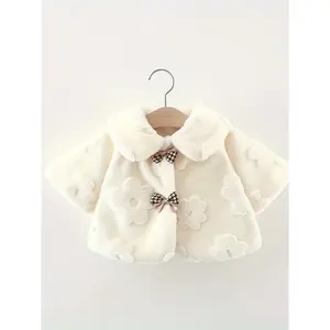 [Pink Fleece Jacket] Soft Plush Cozy Pink Fleece Baby Girl's Jacket |   Long Sleeve Casual Outerwear with Floral Embroidery & Golden Bow - Winter Coat for Fall/Winter, Nonstretch Fabric