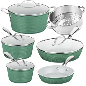 Gotham Steel 10 Pc Hammered Pots and Pans Set Non Stick, Easy Clean Kitchen Ceramic Cookware Set Nonstick, Long Lasting Pot and Pan Set with Skillet, Oven Safe, No Forever Chemicals, Sage Green