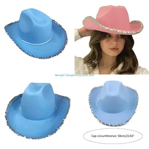 Sequins Brim Cowboy Hat for Women Wide Brim Cowgirl Hat Wedding Party Props Bachelorette Party Western Hat for Bridal