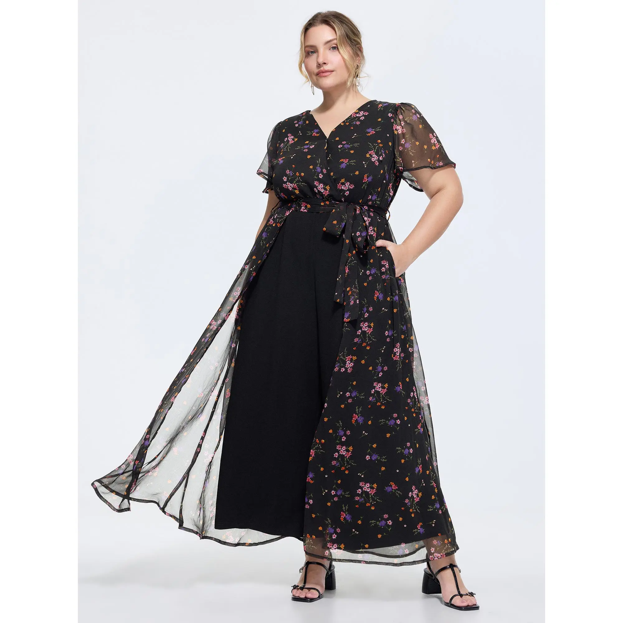 BloomChic Women's Plus Size Polyester-Spandex Patchwork Fabric Ditsy Floral Print Wrap Tie Overlay Jumpsuit [M-6X] 2026 Summer Loungewear Onesie, Pocket, Smooth, Garment, Fit