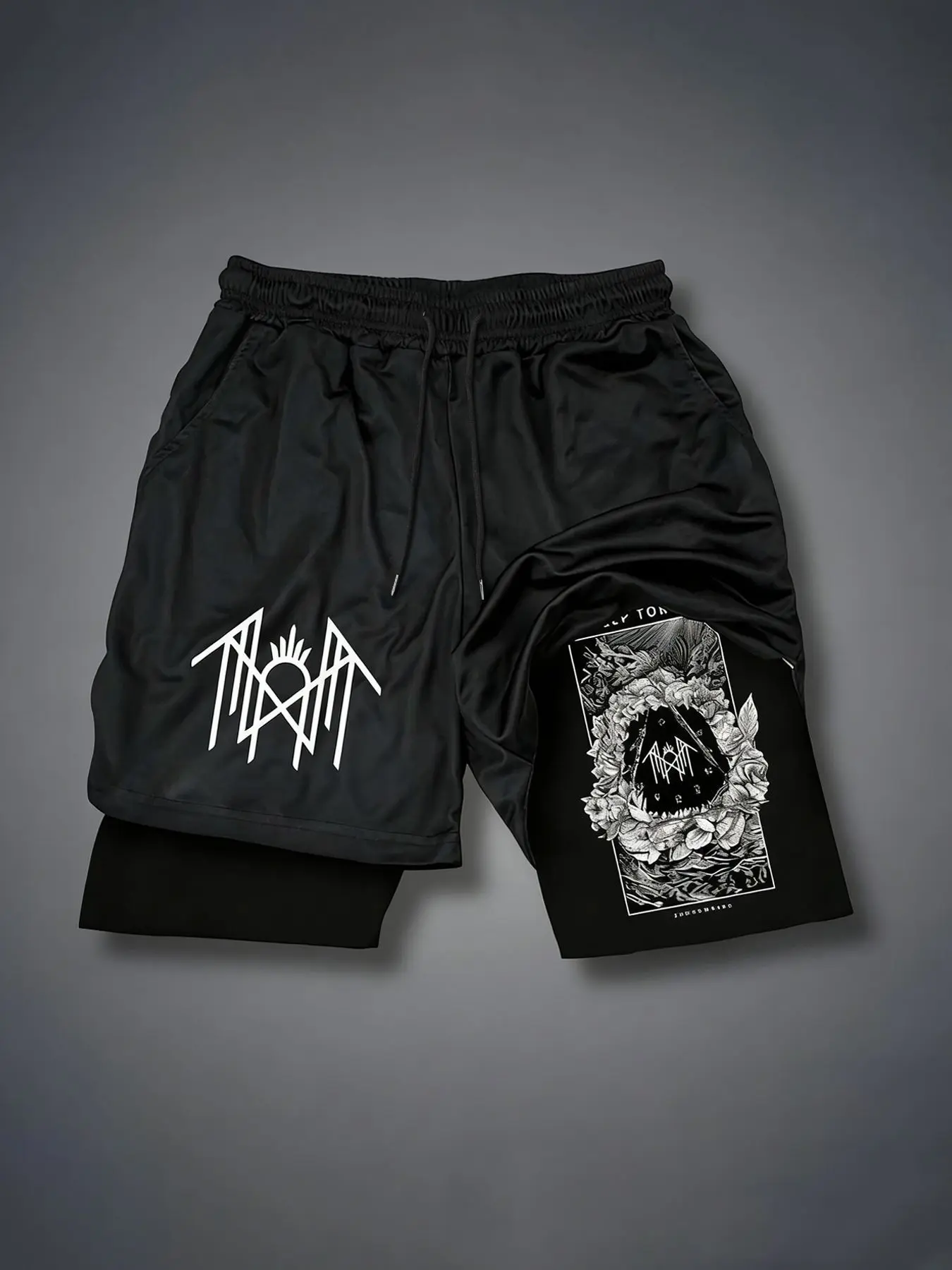 Tarot Print Faux Two-Piece Shorts, Sleep Token Band, American High Street Double Layer Pleated Sports Fitness Five-Quarter Pants, Graphic Athletic Shorts, Fashionable Summer Shorts