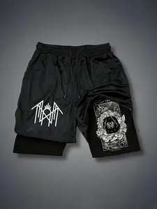 Tarot Print Faux Two-Piece Shorts, Sleep Token Band, American High Street Double Layer Pleated Sports Fitness Five-Quarter Pants, Summer Sports Shorts