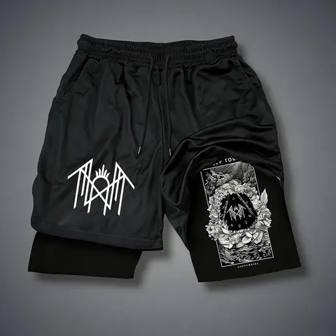 Tarot Print Faux Two-Piece Shorts, Sleep Token Band, American High Street Double Layer Pleated Sports Fitness Five-Quarter Pants, Graphic Athletic Shorts, Graphic Athleisure Shorts