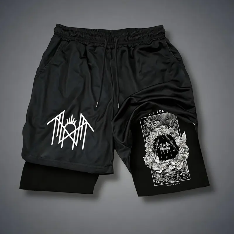 Tarot Print Faux Two-Piece Shorts, Sleep Token Band, American High Street Double Layer Pleated Sports Fitness Five-Quarter Pants, Graphic Athletic Shorts, Graphic Athleisure Shorts