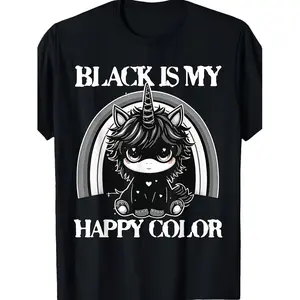 Black Is My Happy Color Gothic Unicorn Graphic T Shirt for Men and Women Edgy Retro Style with Rainbow Design Unisex Casual Wear Perfect for Goth Culture or Unique Gift Ideas