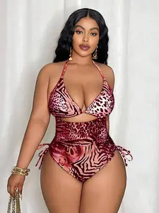 Plus Size Leopard Print Triangle Bikini Set for Women, Tie Side Bottom Swimsuit, Summer Beach Vacation Swimwear