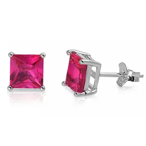 925 Sterling Silver Stud Earrings Ruby CZ Princess Cut (5mm)
