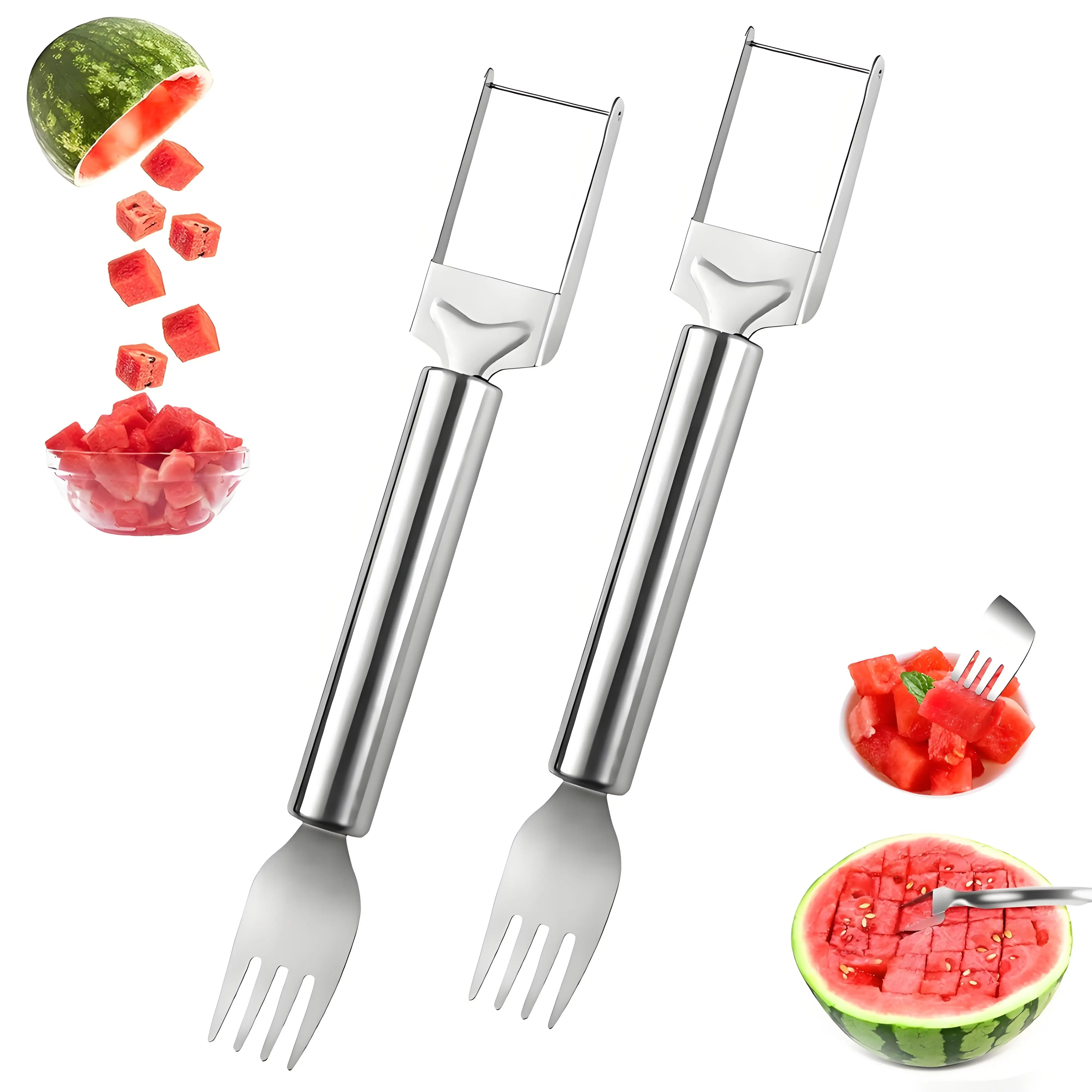Watermelon Fork Slicer Cutter Slicer Tool, 2 - in - 1 Stainless Steel Fruit Cutter, Dual Head Fruit Forks Slicer Knife with Round Handle,Fruit Cutting Kitchen Utensils,Portable Stylish