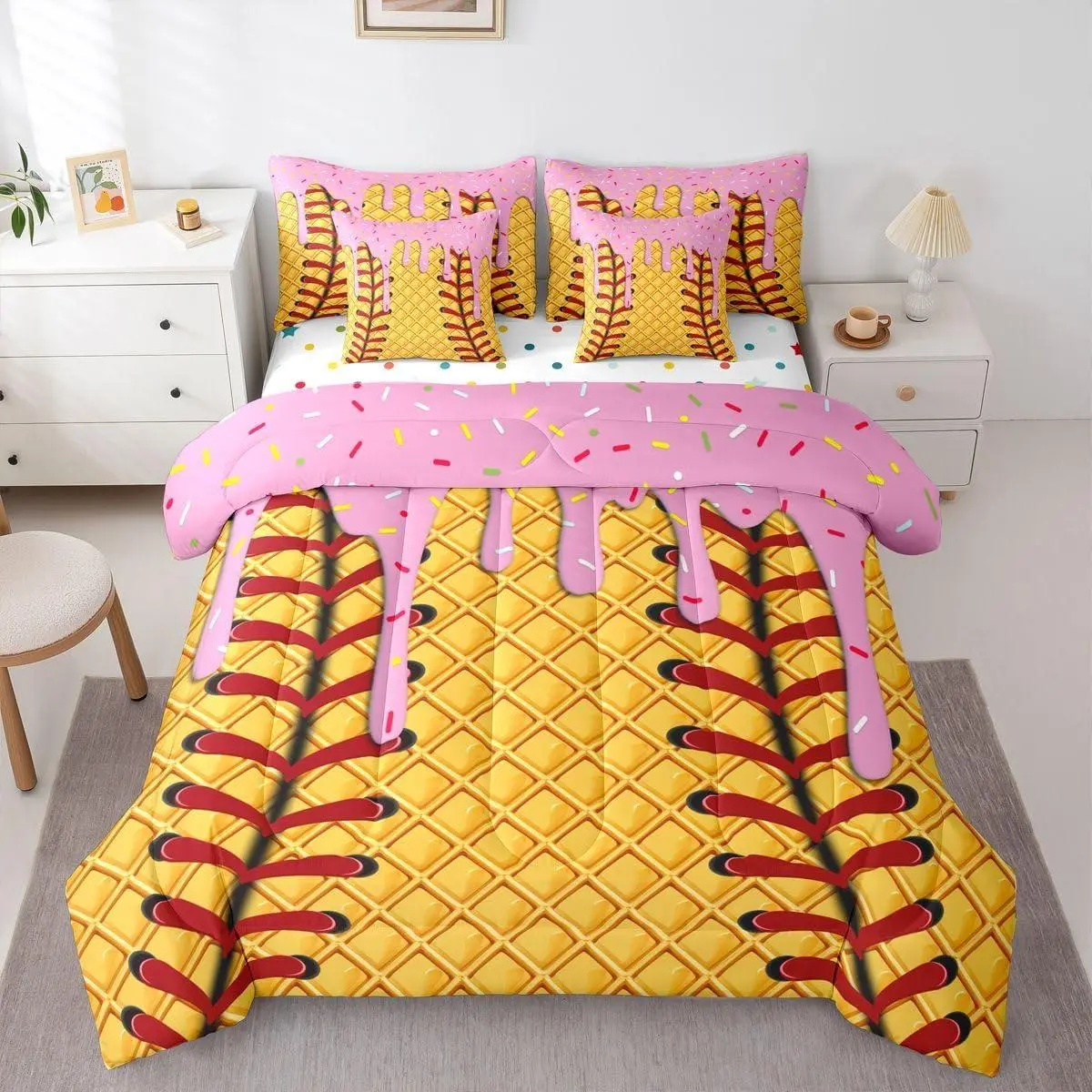 Baseball 7 Piece Bedding Set Ice Cream Comforter Set with Sheets Cartoon Pink Kawaii Food Bed in a Bag Ball Lines Grid Bed Sets Comforter