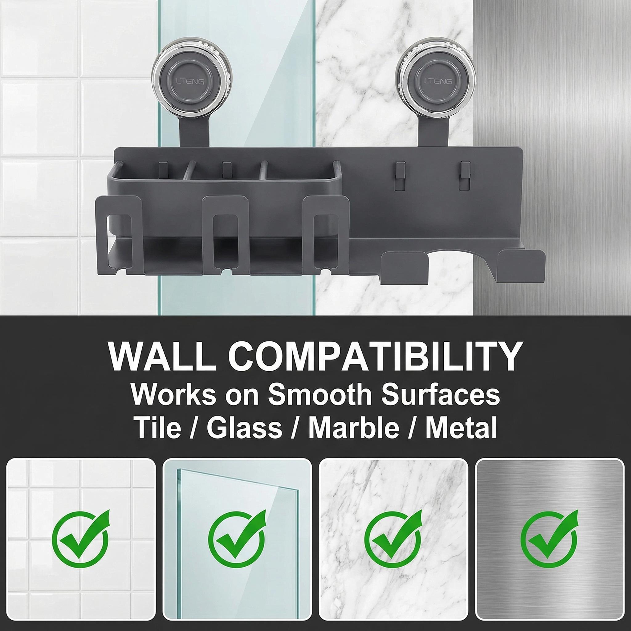 No Drill Suction Cup Hair Dryer Holder, Space Aluminum Bathroom Organizer with Toothbrush Storage, Strong Load-Bearing Wall Mount Rack for Renters