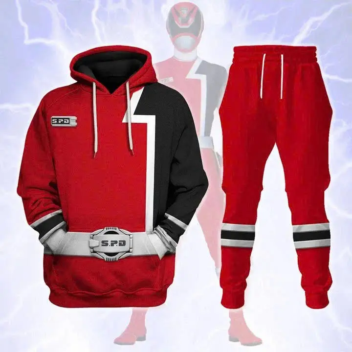 Power Rangers S.P.D. Ranger Number Hoodie And Sweatpants Set, Superhero Cosplay Tracksuit, Action Hero Graphic Streetwear Outfit, Casual Pullover And Jogger Pants Activewear