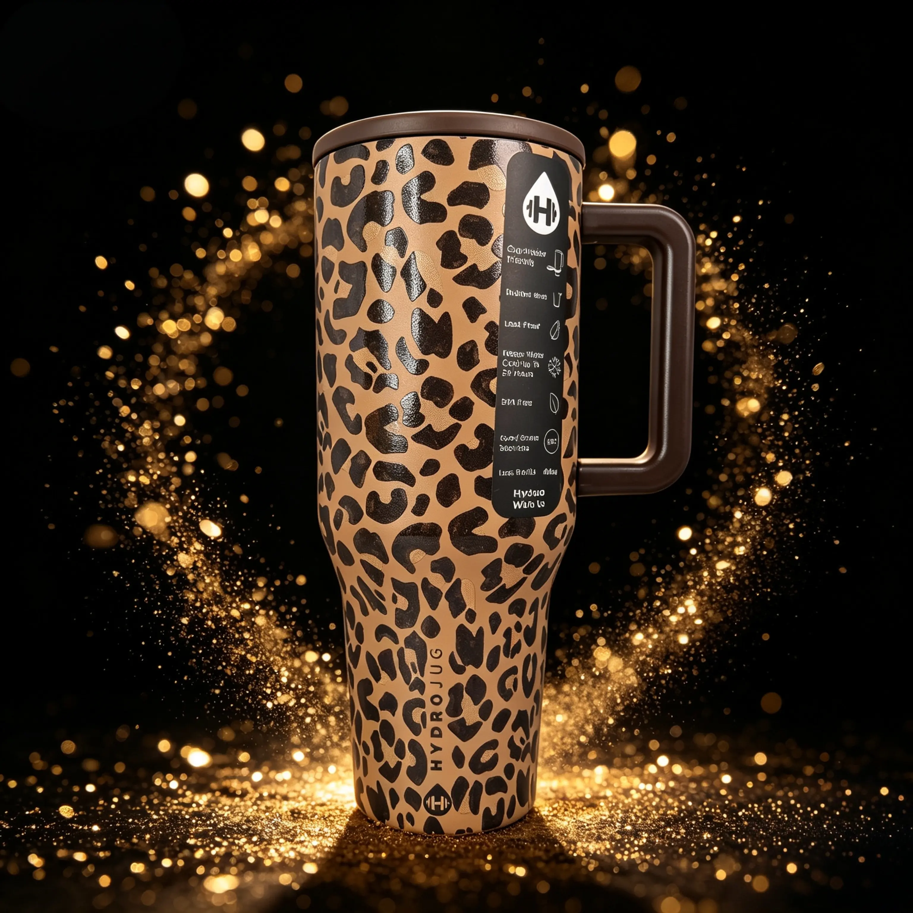 Stylish 40oz Leopard Print HydroJug Insulated Stainless Steel Tumbler, 24-Hour Cold Retention, Leak-Proof, BPA-Free, Cup Holder-Fit Insulated Cup, Travel Drinkware for Car Office (Iced Coffee Water Bottle)