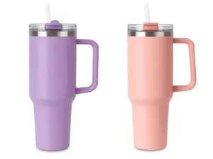 THIRSTEE 2-Pack 40 oz Tumblers – Peach & Purple Matte Cups with Handle & Straw Lid