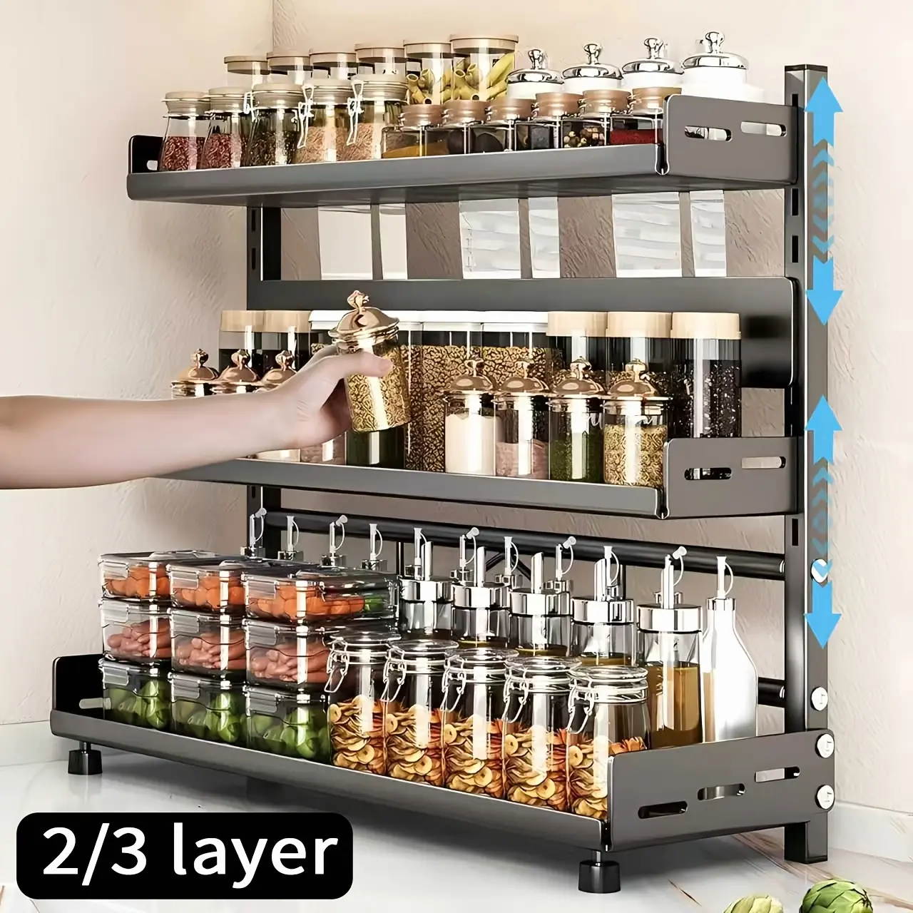 2/3 Tier Kitchen Spice Organizer, 15.75/19.69inch Spice Jar Organizer, Metal Rustproof, Height Adjustable Vertical Large Spice Organizer With Guard Rails And Knife Holder For Kitchen, Bathroom Storage Organizer, Moving Gifts!