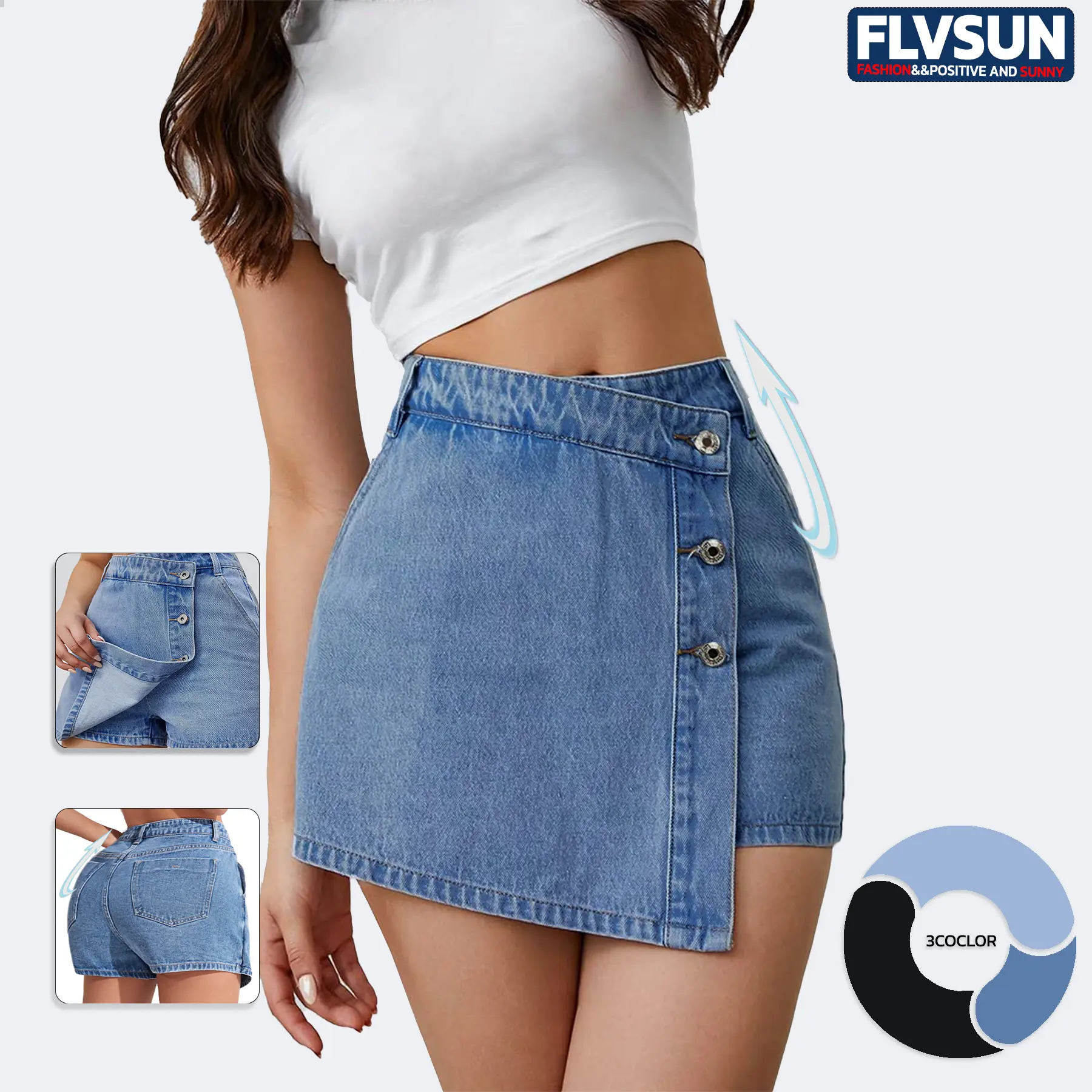 Flvsun Lady's Preppy Denim Skort, Cute High-Waisted A-Line Mini Skirt Bottom with Asymmetrical Buttons, Belt Loops, Cotton Blend, Mini Above Knee, Casual, All Seasons, Cold Wash, Lightweight, Minimalist, Jean Skort, Party