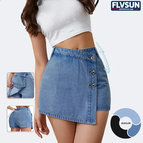 Flvsun Women's High-Waisted Preppy Jean Skort - A-Line Mini Above-Knee Casual Fashion Skort with Asym Button Front, Belt Loops, Cotton-Polyester Blend, Lightweight Minimalist, Light Wash Denim, Cold Wash Shorts, Do Not Dry Clean