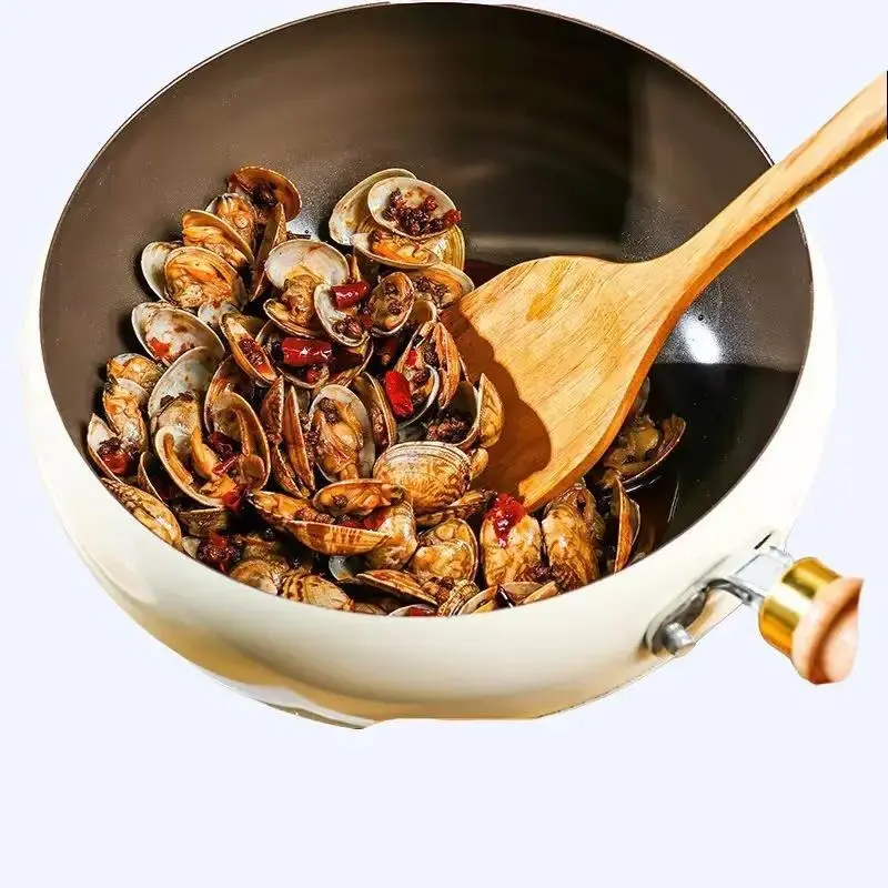 Large-bellied Cast Iron Wok with Solid Wood Handle 1000-2000 Ml High Thermal Conductivity Wide Rim Uncoated Interior for All Stovetops Cooking Methods