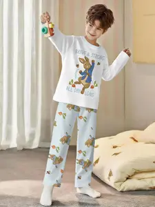 Brave Rabbit Printed 2-piece Boys' Pajama Set, digital printed long-sleeve top and full-length pajama pants made of flame-retardant fabric. Stylish, trendy, casual, soft and comfortable loungewear set, perfect for sleeping and home leisure. Made of 100% p