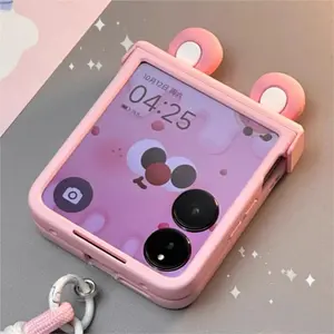 Japanese and Korean Cute Pink Bear Ear Stand Protective Cover for Samsung Z Flip 7/6/5/4/3 for Motorola Razr 60 40 50 Ultra.