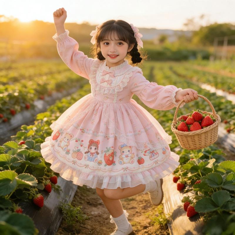 Toddler Girls' Charming Long Puff Sleeve Pink Strawberry All-Over Print Princess Dress - Long Sleeve, Scoop Neck, Knee-Length, Tiered, Soft Lace Trim, Character Accents, Casual Birthday Gown