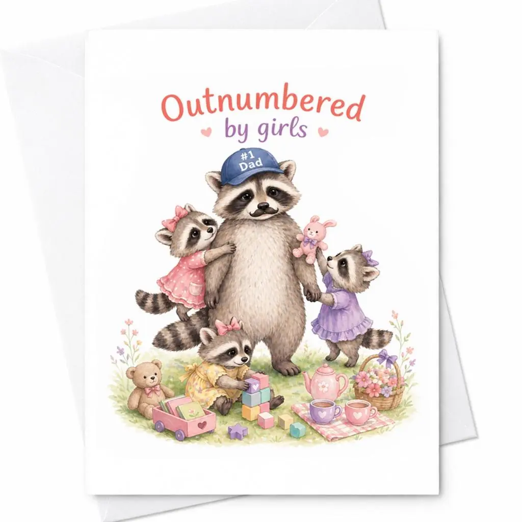 Happy Father's Day Outnumbered By Girls Card Funny Dad Card Girl Dad Card Cute Raccoon Dad Card From Daughters Gift C-1415