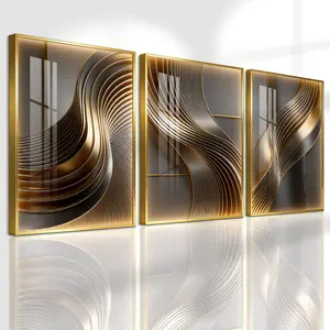 3 Count Aluminum Alloy Frame Canvas, Fashion Poster, Golden Abstract Wave Art, Modern Living Room Decoration, Light Luxury Family Art, Suitable For Bedroom, Corridor And Office Wall Decor, Gift