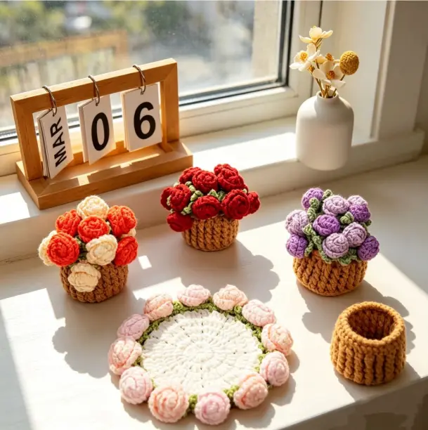 1PC  Colorful Handmade Crochet Flower Bouquet Coaster, Yarn Knitted Flower Cup Transform Bouquet, Mother's Day Gift, Gift for Sister, Valentine's Day Decor,Desktop Decor