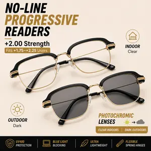 Father's Day Gifts for Men, Progressive Multifocal Reading Glasses +2.00, Photochromic Transition Lenses, Blue Light Blocking Readers, Semi-Rimless Readers for Men & Women