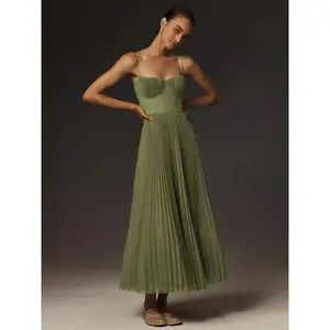 Tea Length Pleated Formal Dresses for Women Satin Bridesmaid Dress Spaghetti Straps Backless A Line Evening Gown