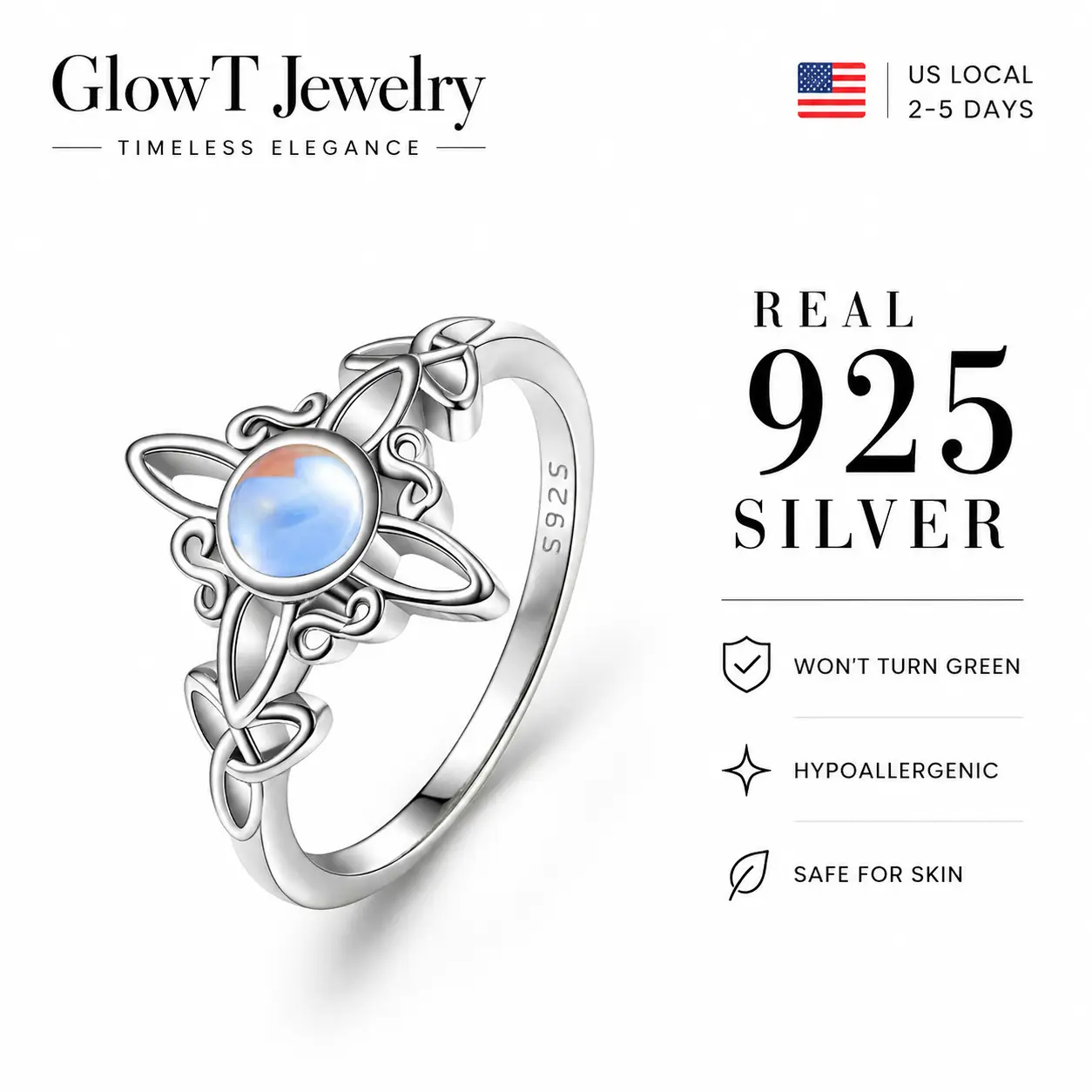 925 Sterling Silver Witch Knot Ring, Celtic Trinity Knot Ring, suitable for women to wear, Wiccan pagan witchcraft moon Irish Celtic jewelry, 925 sterling silver original witch knot, moon goddess Hecate, moonstone,