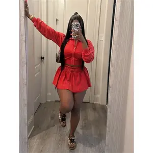 Two-Piece Set Women New Style Streetwear Design Cotton 2 Two Piece Sets Women Outfits Zipper Long Sleeve Crop Top And High Waist Skirts Suits clothe Womenswear Check Minimalist Basic Red
