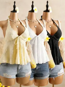 New Summer Style Soft Cream Halter Top Set, Sexy Deep V Tie Design, Slim Fit Sleeveless Halter Top, Perfect for Vacation Wear